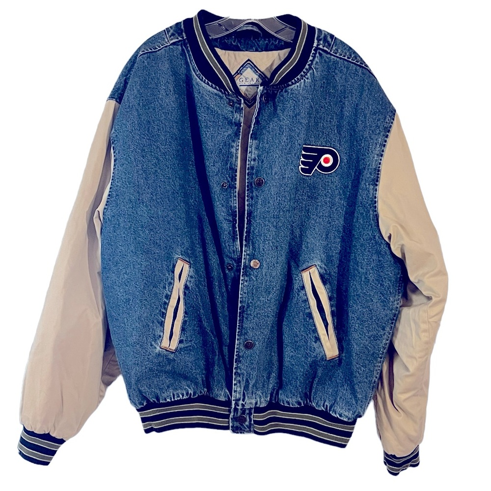 Vintage 80’s Men’s Gear for Sports quilted Denim Flyers Logo Baseball Jacket 54”